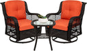 3-Piece Outdoor Wicker Patio Bistro Set W/ 2 360-Degree Swivel Rocking Chairs and Tempered Glass Top Side Table - Rust