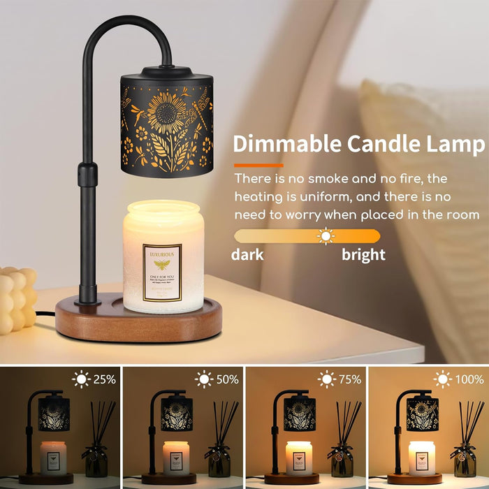Dimmable Candle Warmer Lamp with Timer Adjustable Height for Scented Jar Candles Electric Candle Wax Melt Warmer for Home Decor Christmas Birthday Gifts for Women Mom(Sunflower+Dragonfly)