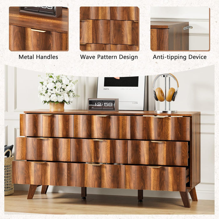 Contemporary Walnut 9 Drawer Dresser Fluted Fronts