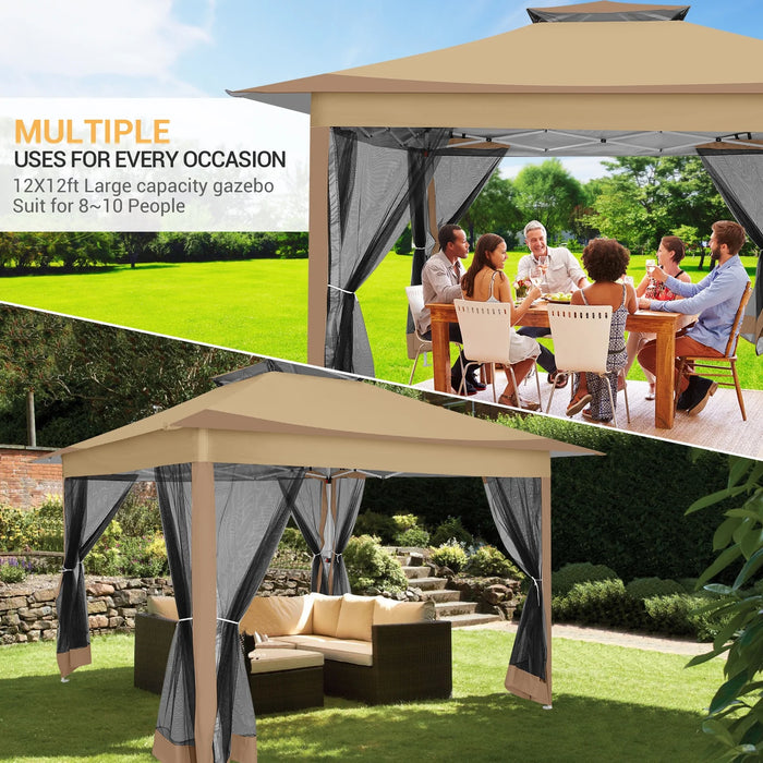 12X12Ft Outdoor Gazebo Pop up Gazebo with Mosquito Netting, Instant Patio Canopy Tent for Shade and Rain, 2 Tiered Vente Gazebo Canopy UPF 50+ for Garden Backyard with Carry Bag&4 Sandbags