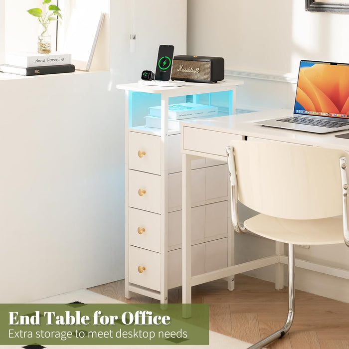 LED Narrow Nightstand with Charging Station - Slim Dresser for Bedroom Narrow Side Table Storage Cabinet, Small Dressers Chest of Drawers, Tall Night Stand End Table for Small Spaces, White
