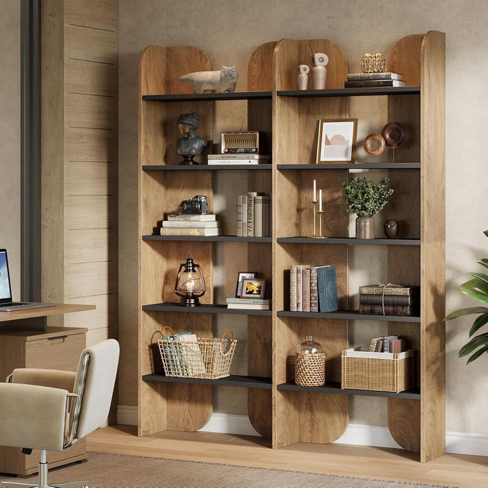70.87" Tall Farmhouse Bookshelf, 5-Tier Double Wide Bookcase with Open Shelves, Vintage Bookshelf for Living Room, Office, Study Room, Bedroom（Brown）