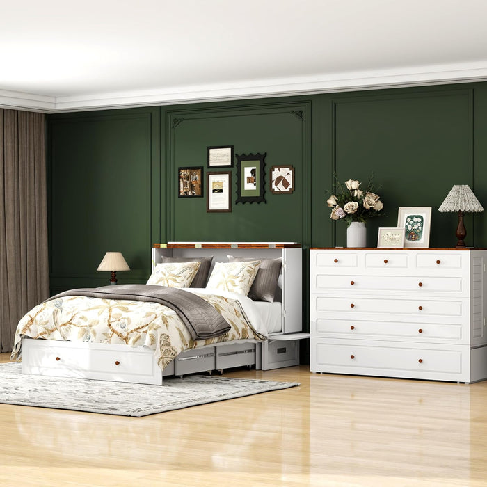 Queen Murphy Bed Included Mattress：Wood Murphy Bed Cabinet with USB Charging Station and Large Storage Drawer for Bedrooms/Guest Rooms/Apartments, White-1