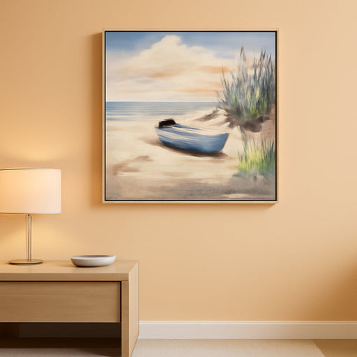 Hand Painted Textured Oil Painting on Canvas - Boats on the Beach with Real Wood and Gemstones, 3D Wall Decoration for Living Room, Bedroom, Hallway (80 X 80 Cm)