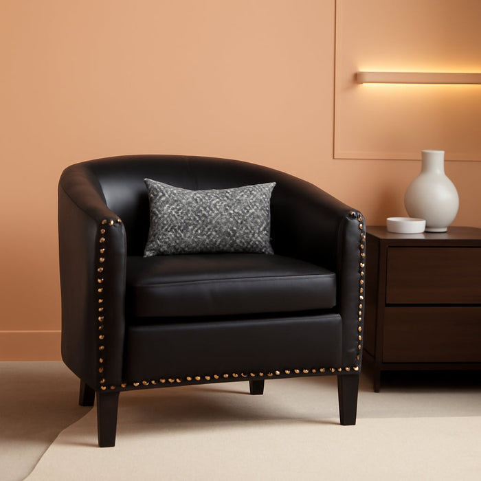 Accent Barrel Chair, Modern Faux Leather Tub Club Chair Upholstered Armchair with Gold Nail Head Trim and Black Legs for Living Room Bedroom Apartment Lounge - Dark Brown