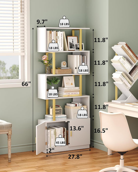 Geometric Bookcase with Cabinet, S Shaped Bookshelf 5-Tier Book Shelves for Bedroom, Modern Wood Decorative Display Shelf Tall Book Case for Home Office, Gold and White
