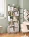 Geometric Bookcase with Cabinet, S Shaped Bookshelf 5-Tier Book Shelves for Bedroom, Modern Wood Decorative Display Shelf Tall Book Case for Home Office, Gold and White