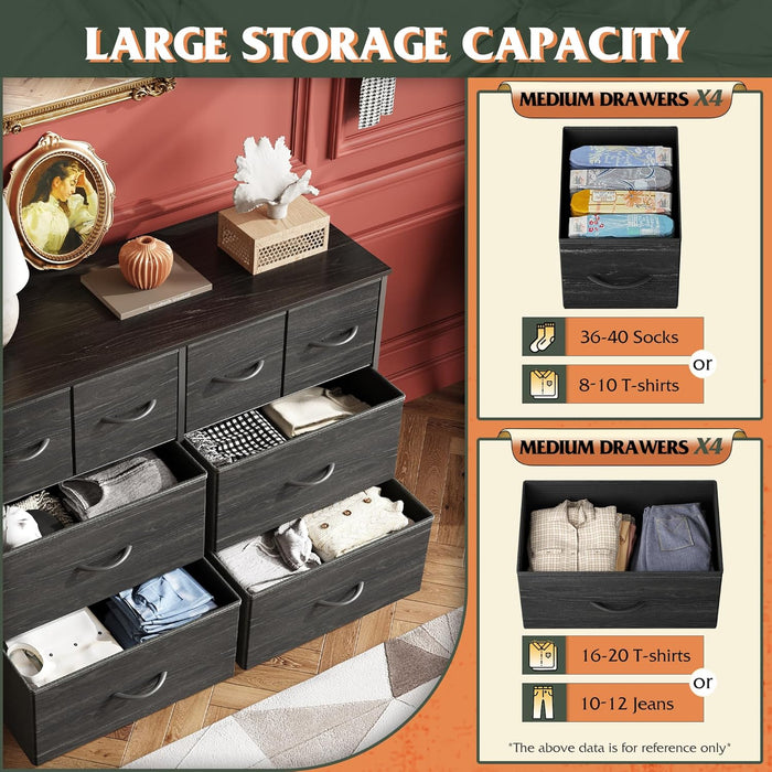 Dresser for Bedroom with 8 Drawers, Wide Fabric Dresser for Storage and Organization, Bedroom Dressers, Chest of Drawers for Living Room, Closet, Hallway, Charcoal Black Wood Grain Print