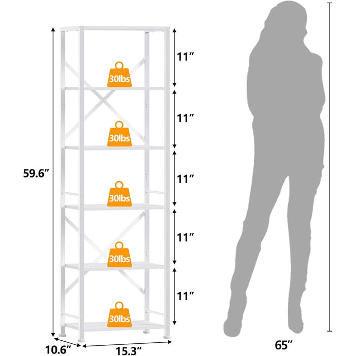 White Tall Bookshelf, Narrow Bookcase with 6 Shelves, Modern Freestanding Shelf Units, Metal and Wood Display Storage Corner Rack Organizer for Living Room, Home Office, Hallway, Bathroom