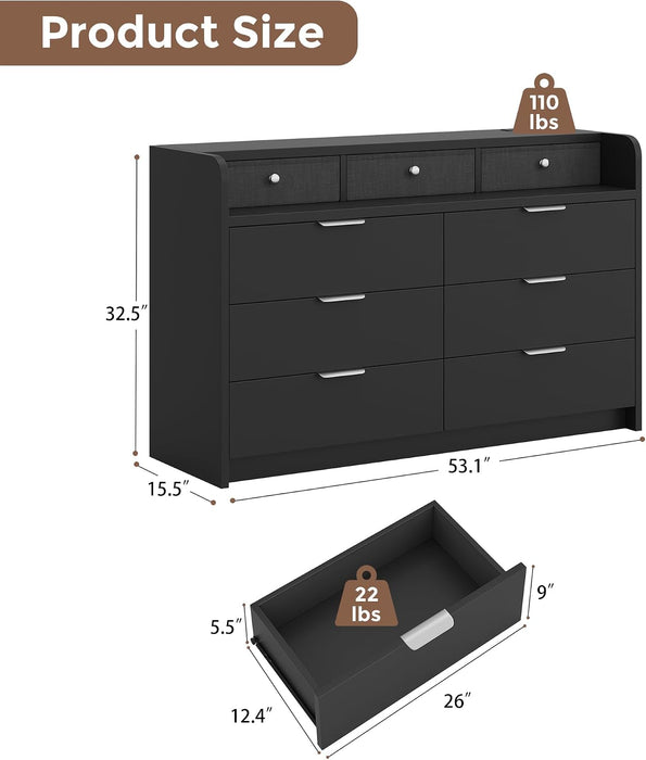 53'' Wide 9 Drawer Dresser for Bedroom, Wood TV Stand Dresser with Power Outlets & LED Light, Chest of Drawers Closet Store Organizer for Living Room, Hallway, Black