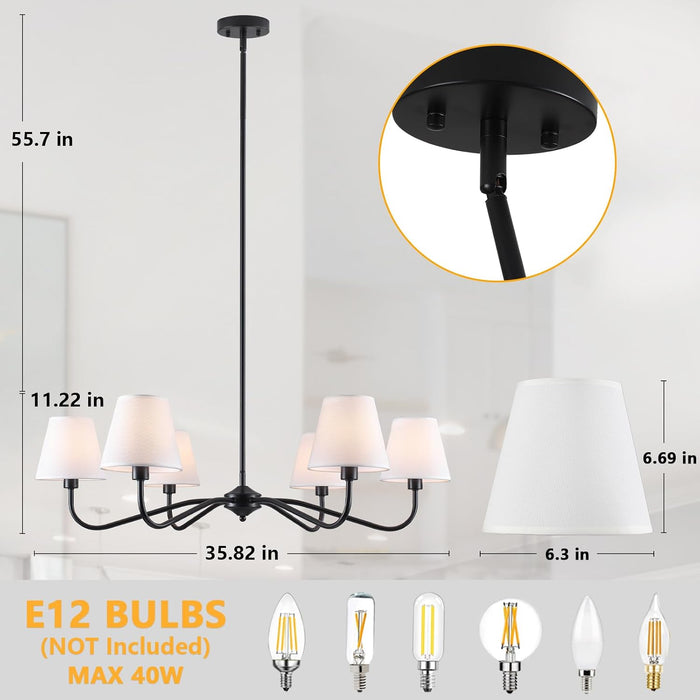 35.82In Black Modern Farmhouse Chandelier with Shades, 6-Light Large Chandelier for Living Room, Dining Room Pendant Light Fixture, Adjustable Traditional Chandelier for Kitchen Bedroom Entryway Foyer