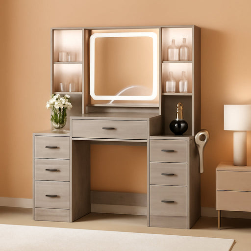 Vanity Desk with Mirror and Lights, Makeup Vanity with 7 Drawers, 2 Glass Door Cabinets, Charging Station, Adjustable Shelves, RGB Lighting, Holder