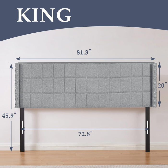 Headboard King Size, Linen Upholstered Headboards Only with Nailhead Trim Wingback, Square Stitched Design, Adjustable Height from 40" to 49.8", Light Grey