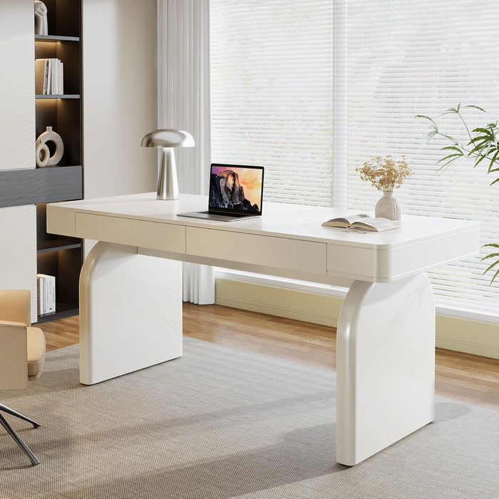 White Desk with Drawers, 63-Inch Modern Executive Office Desk, Glossy Elegant Work Study Writing Table for Home Office, Cream White