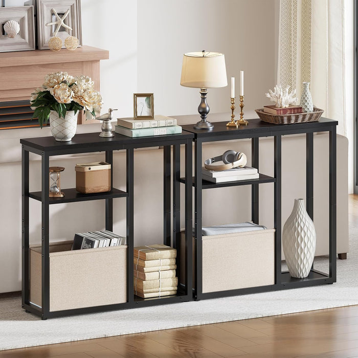 Narrow Console Table with Storage Basket, 29.5" Small Entryway Table with 3-Tier Storage Shelves, behind Couch Sofa Table, Hallway Table for Living Room, Black and Beige BB60XG01