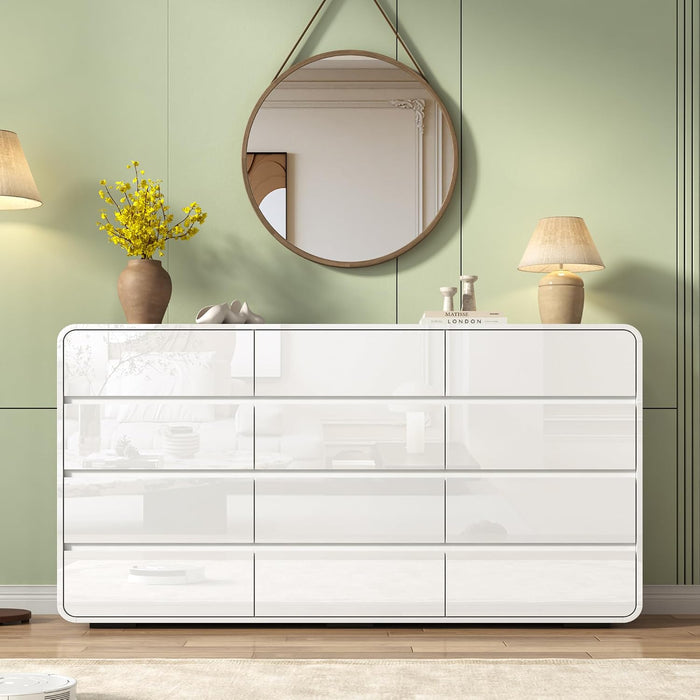 Modern Curved 12 Drawer Dresser for Bedroom, Safe Edge, White Glossy