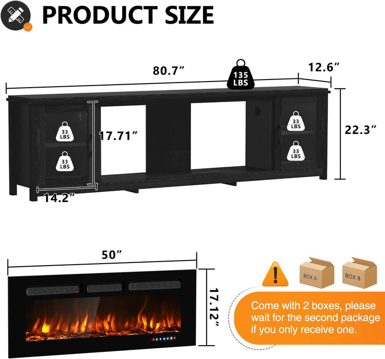 80" Fireplace TV Stand, Modern Entertainment Center with 50 Inch Electric Fireplace, Adjustable Shelf & Glass Door, Modern TV Console for Living Room, Black
