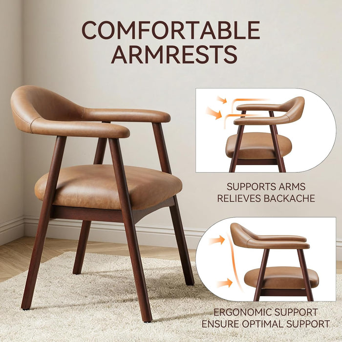 Leather Dining Chair with Armrest Set of 4, Upholstered Dining Room Chair with Curved Back and Wood Legs, Mid Century Modern Kitchen Chairs for Kitchen Dining Room,Brown