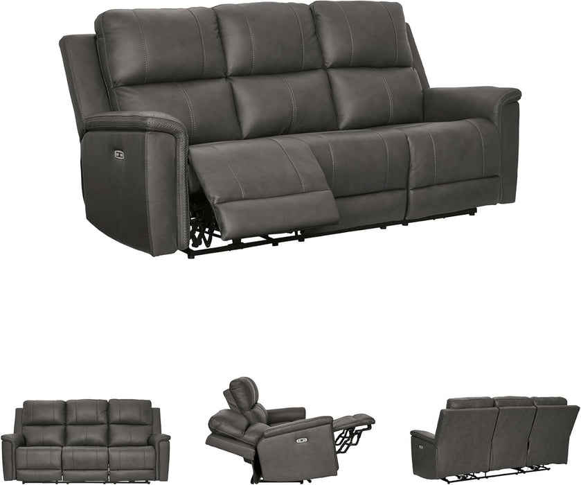 Signature Design by Ashley Burnley Contemporary Leather Match Power Reclining Sofa with Adjustable Headrest and USB Charging Port, Gray