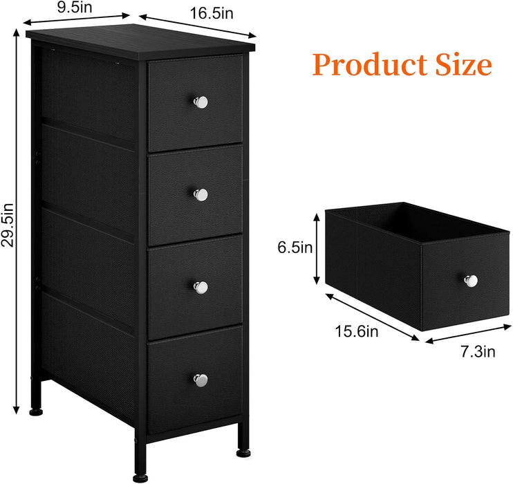 Narrow Storage Cabinet, Small Dresser with 4 Drawers, Slim Fabric Dresser Storage for Small Spaces, Black Dresser Nightstand Side Table for Bedroom, Bathroom, Laundry, Closet, Dorm