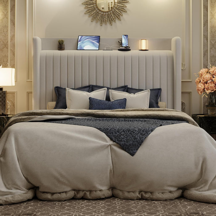 Queen Size Velvet Bed Frame with USB Charging Station, Wingback Storage Headboard, Upholstered Platform Bed with Wooden Slats Support, No Box Spring Needed, Easy Assembly, White