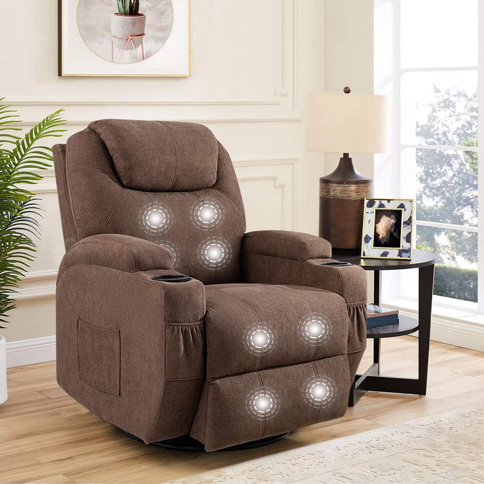 Rocking Chair Recliner Chair with Massage Swivel Ergonomic Lounge Chair Classic Single Sofa with 2 Cup Holders Side Pockets Living Room Chair Home Theater Seat (Brown)