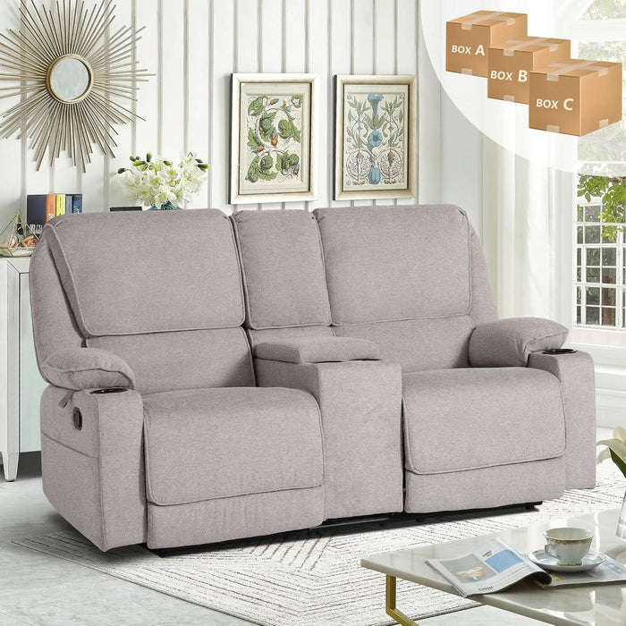 Loveseat Recliner, RV Reclining Loveseat, Home Theater Seating, Manual Loveseat with Console, 4 Cup Holders, 2-Seater Recliner Sofa, RV Furniture (Light Grey, Loveseat with Console)