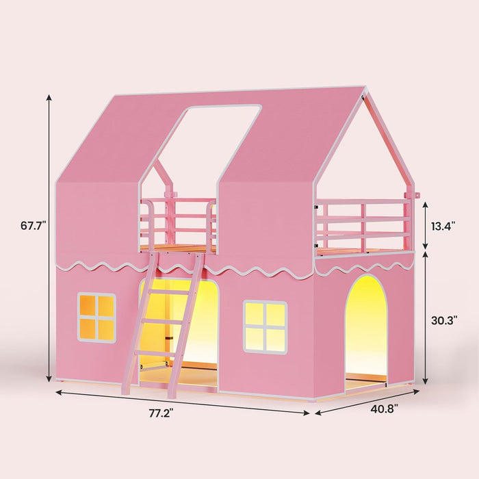 Pink Twin Over Twin Bunk Bed With LED Lights And Play Curtain