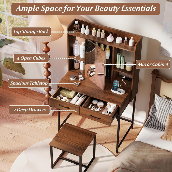 Vanity Desk with Mirror and Stool, Industrial Dressing Table with Power Outlet, 4 Shelves, 2 Storage Drawers, Bedroom Makeup Vanity Set for Women Teens Girls (Walnut)