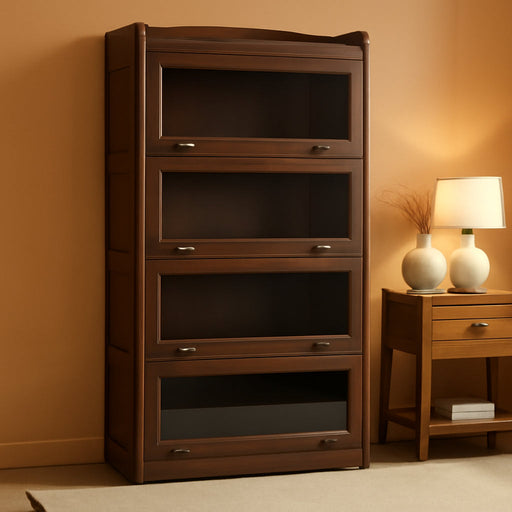 Solid Oak Wood Barrister Bookcase with Glass Doors, Mission-Style Tall Bookshelf for Home Office, Walnut