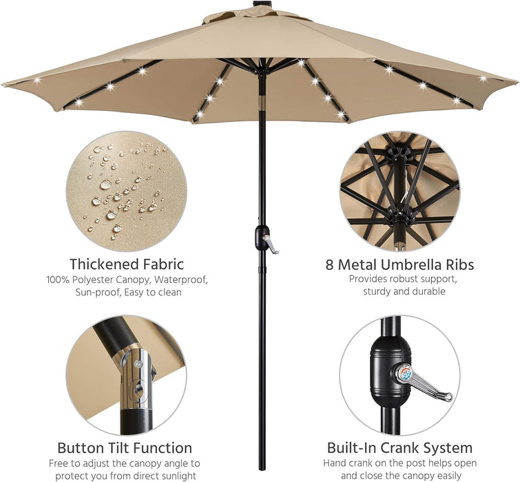9FT Solar Powered Patio Umbrella - UV Protection Market Table Umbrella W/ 32 LED Lights & Push Button Tilt & Crank Lift System for Garden/Lawn/Deck/Backyard/Pool,Tan