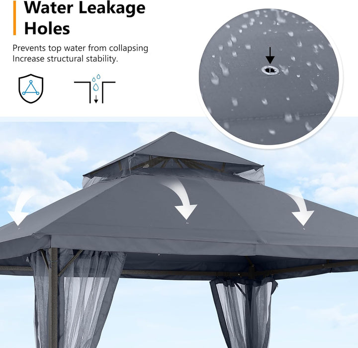 Outdoor Patio Gazebo 11X11 - Double Roof Canopy with Mosquito Netting for Backyard, Deck, Garden, Lawn, Dark Gray