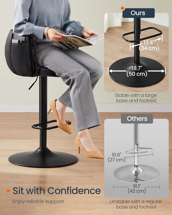 360° Swivel Bar Stools Set of 2, Height Adjustable Barstools with Curved Back, Upholstered Counter Bar Stools with Footrest, Large Base, for Kitchen Island, Modern, Ink Black ULJB103B01