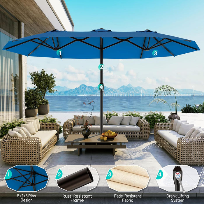 blue rectangular patio umbrella UV Resistant 9' Greek Key Crank Outdoor Market The Well Appointed House Designed to provide generous shade coverage CHYVARY 10 x 7 ft