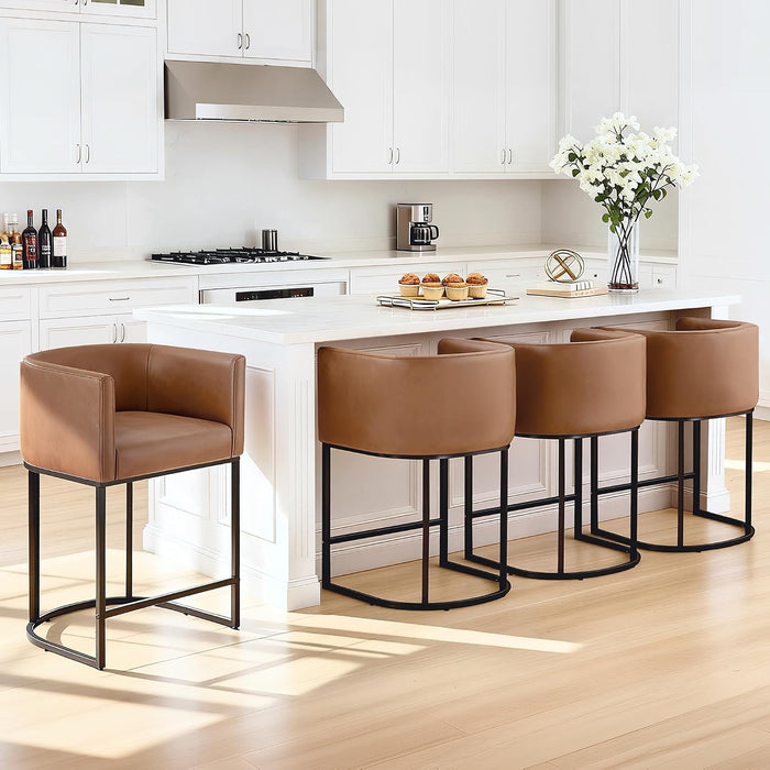 24" Counter Height Bar Stools Set of 4, Modern Barrel Counter Stools with Backrest and Arms, Faux Leather Upholstered Accent Barstools with Metal Legs for Kitchen Island,Brown