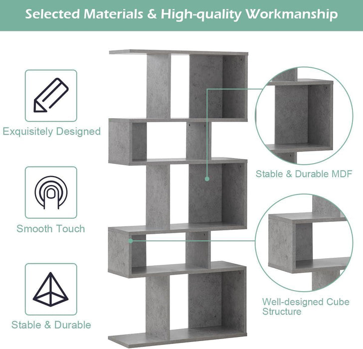 5-Tier Geometric Bookshelf Set of 2, 70'' Tall Wood Freestanding Decorative Display Open Shelves with Anti-Tipping Device, Each Shelf Holds up to 44 Lbs, Wooden S Shaped Bookcase, Gray