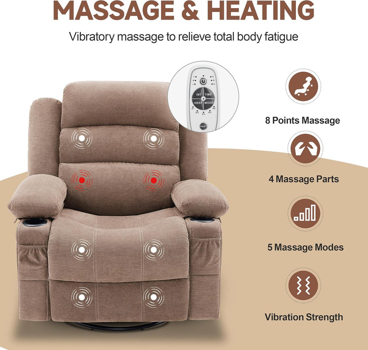 Rocker Recliner Chair with Heat and Massage, 360° Swivel Recliner Chairs for Adults, Oversized Recliner Single Sofa Seat with Cup Holders, Brown