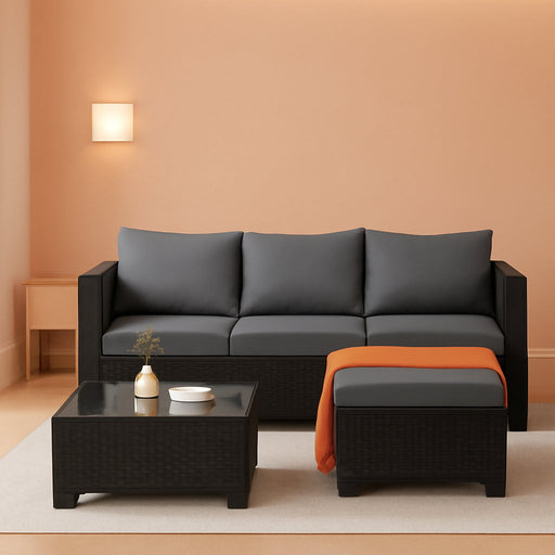 Wicker Patio Furniture Patio Couch 3 Pieces Outdoor Sectional with Ottoman and Outdoor Glass Table Weathering Anti-Slip Cushions Furniture Covers, Light Grey