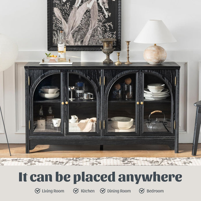 Solid Wood Buffet Cabinet for Dining Room, 55" Farmhouse Kitchen Sideboard with 4 Storage Doors, Multi-Functional Storage for Kitchen & Dining Room (1, Black)