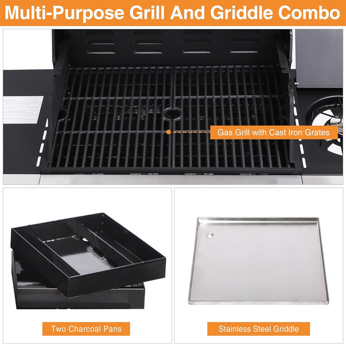 5-Burner Propane Gas Grill W/Side Burner & Charcoal Tray, 4-In-1 Outdoor BBQ Griddle Combo, Heavy Duty Stainless Steel Double Lid, 448 Sq in Cast Iron Cooking Surface for Backyard Patio
