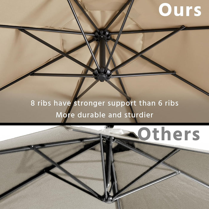 10FT Patio Offset Umbrella - Cantilever Hanging Outdoor Umbrellas W/Uv Protection & 8 Ribs & Handy Crank & Cross Base for Market/Garden/Lawn/Deck/Backyard/Pool - Tan