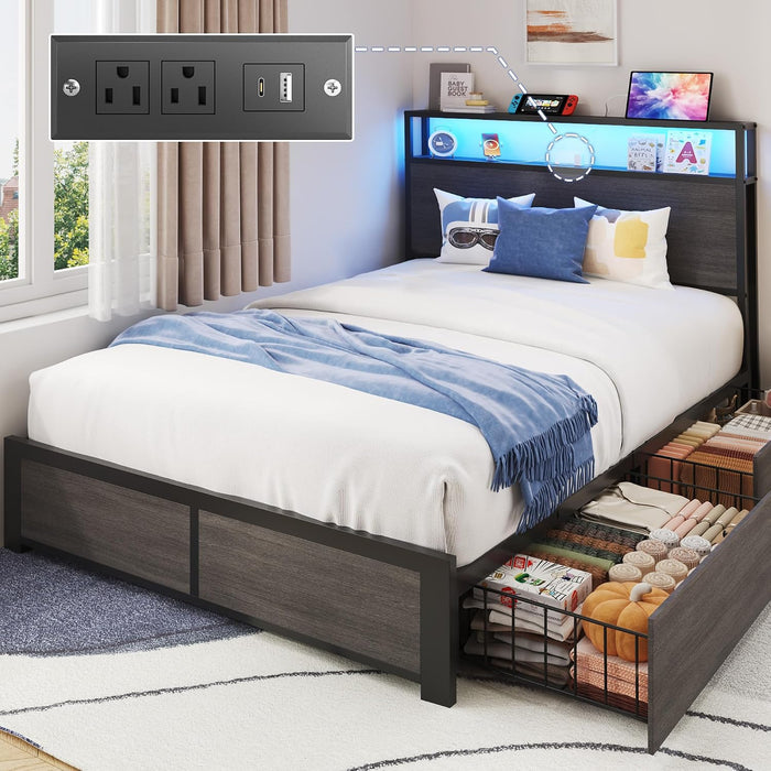 Twin Bed Frame with 2-Tier Storage Headboard, Twin Size Metal Bed Frame with 2 Storage Drawers, 3-In-1 Charging Station & RGB LED, Noise-Free/Metal Support/No Box Spring Needed, Rustic Grey
