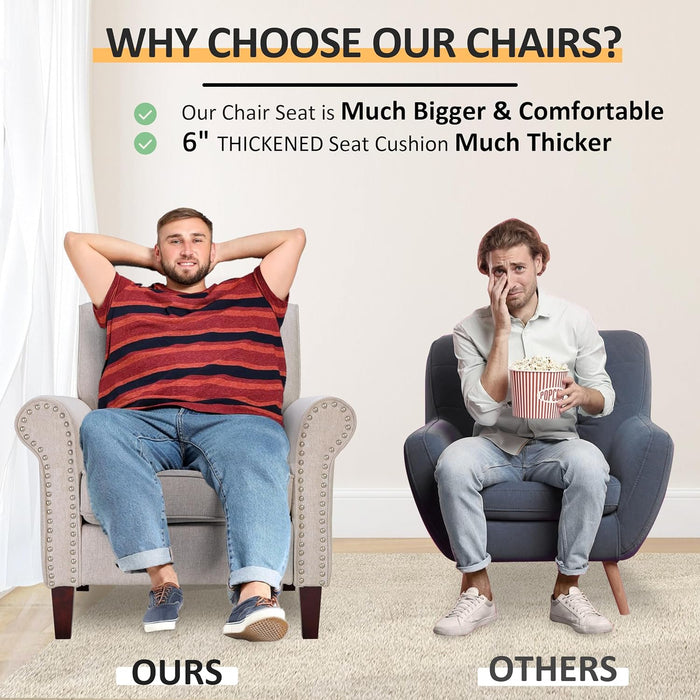 Comfy Accent Chair, Mid-Century Modern Fabric Living Room Chair Reading Chair with Soft Cushion, Nailhead Trim & Rolled Armrest, Arm Chair Sofa Chairs for Bedroom Waiting Room Office, Beige