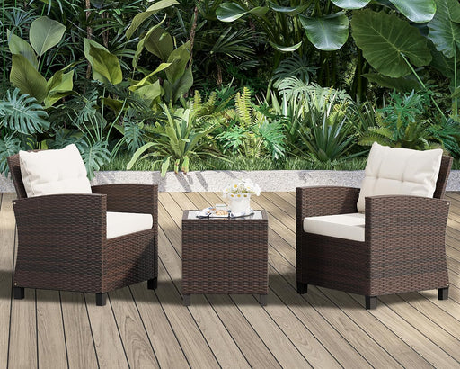 3 Pieces Patio Furniture Set 3 Pieces PE Rattan Wicker Chairs with Table Outdoor Furniture for Backyard/Garden/Poolside/Outdoor Restaurant Brown Rattan with White Cushion