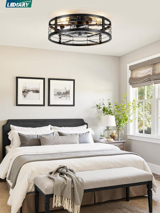 20" Caged Ceiling Fan with Light and Remote, Low Profile Flush Mount Fandelier, Black Bladeless Enclosed Small Fan Lights Ceiling Fixtures, Rustic Farmhouse Style for Bedroom, Outdoor