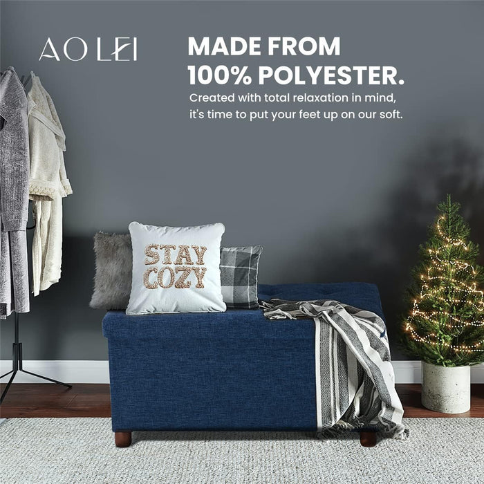 30 Inches Storage Ottoman Bench, Storage Bench with Wooden Legs for Living Room Folding Ottoman Foot Rest Removeable Lid for Bedroom End of Bed, Linen Fabric Blue