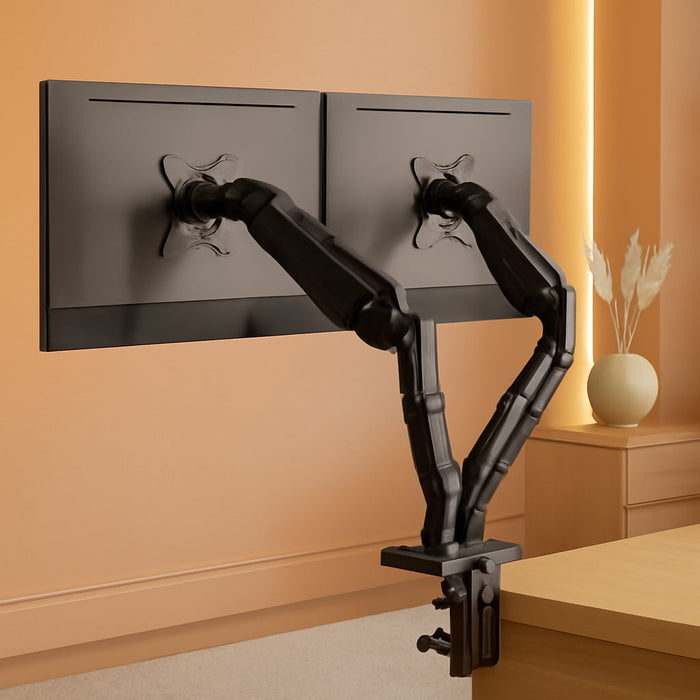 Dual Monitor Stand - Full Adjustable Monitor Desk Mount Swivel Vesa Bracket with C Clamp, Grommet Mounting Base for 13 to 32 Inch Computer Screens - Each Arm Holds 4.4 to 19.8Lbs