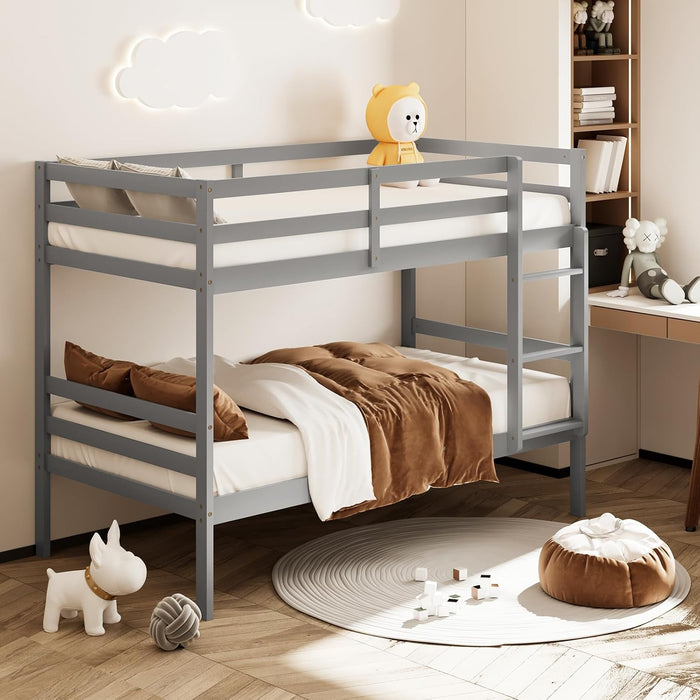 Bunk Bed Twin over Twin, Solid Wood Bunk Bed with Sturdy Ladder & 12 Inch Safety Guard Rails, Twin Size Wood Bed Frame for Dormitory, No Box Spring Needed, Bunk Beds for Kids Teens,Grey