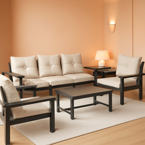 HDPE Outdoor Patio Furniture Set, Grey Frame & Beige Cushions