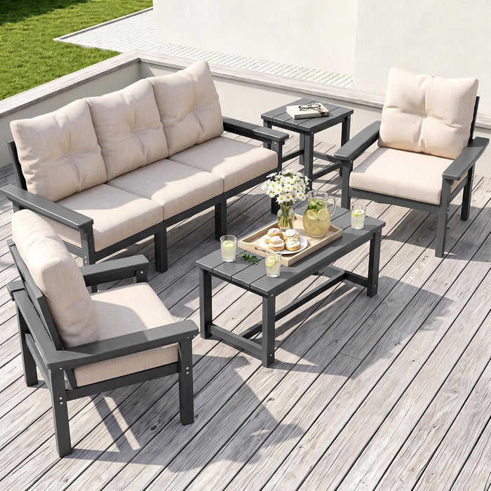HDPE Outdoor Patio Furniture Set, Grey Frame & Beige Cushions